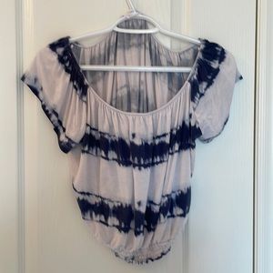 BLUE AND WHITE STREETWEAR SOCIETY TIEDYE OFF THE SHOULDER CROP TOP